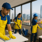 Trabajadores de limpieza realizando labores de aseo con uniforme y elementos de protección