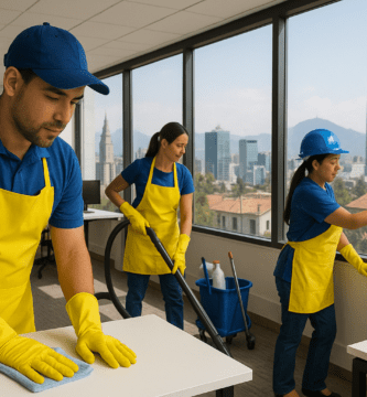 Trabajadores de limpieza realizando labores de aseo con uniforme y elementos de protección