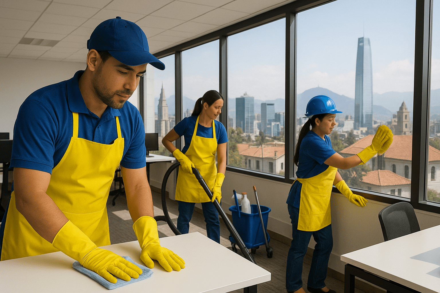 Trabajos de limpieza y aseo en Chile: qué se pide y cuánto se trabaja 1 Trabajadores de limpieza realizando labores de aseo con uniforme y elementos de protección
