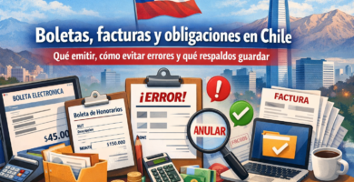 Ilustración sobre boletas, facturas y obligaciones en Chile: boleta electrónica, factura, calculadora, carpeta de respaldos y elementos del SII.