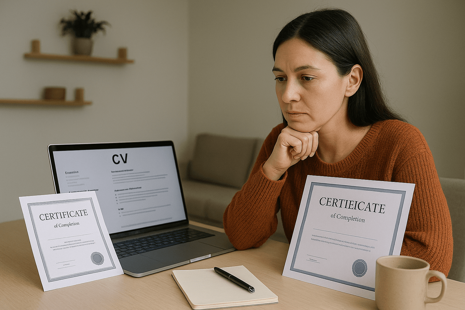 Buscar empleo y aprovechar tus cursos 1 Persona en Chile revisando su currículum y certificados para buscar trabajo después de hacer cursos.