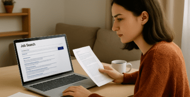 Persona en Chile buscando y postulando a trabajos online desde su notebook en casa.