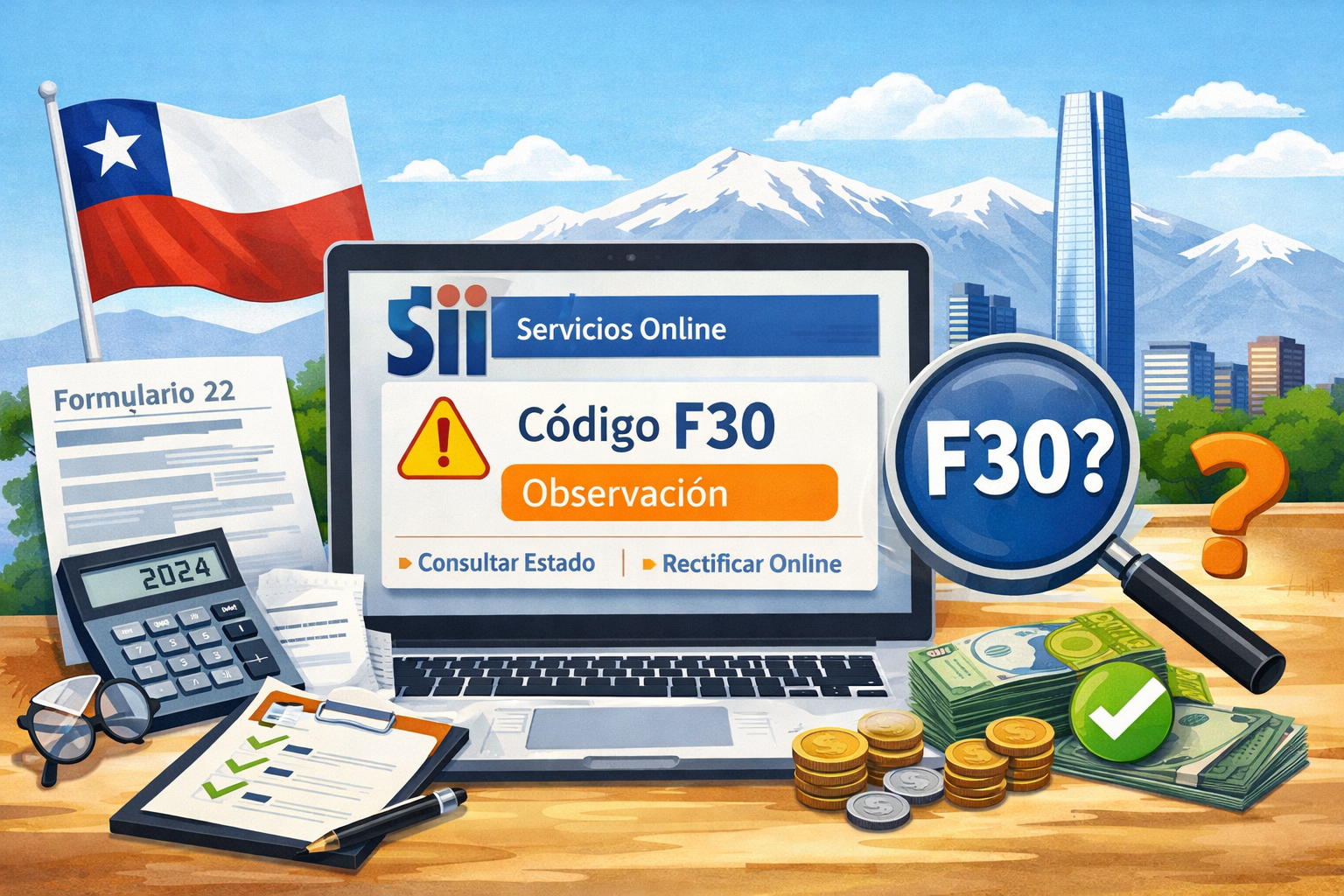 f30 sii: para qué sirve y qué significa cuando te lo piden 1 Ilustración de computador con “Servicios Online SII” y aviso “Código F30 Observación”, con lupa, calculadora y documentos en Chile.