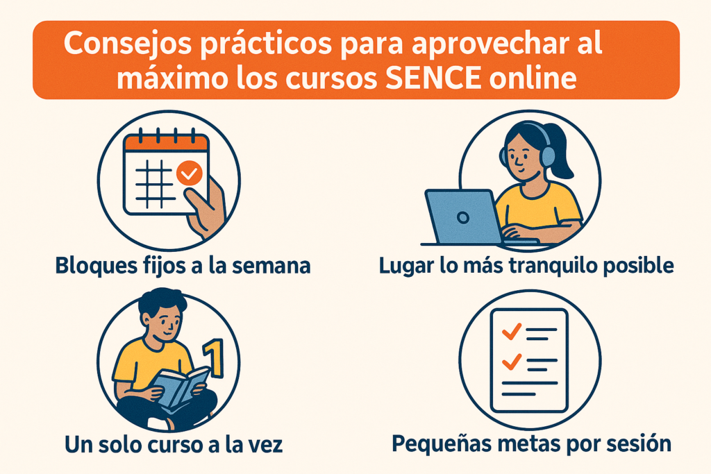 Infografía con cuatro consejos prácticos para aprovechar mejor los cursos SENCE online, con iconos de calendario, estudio y checklist.
