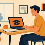 Hombre estudiando en su casa frente a un notebook con ícono de gorro de graduación