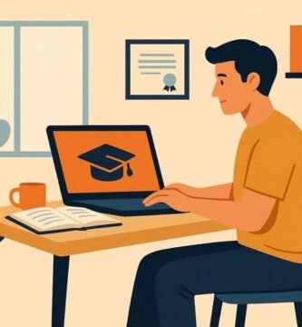 Hombre estudiando en su casa frente a un notebook con ícono de gorro de graduación