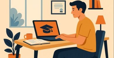Hombre estudiando en su casa frente a un notebook con ícono de gorro de graduación