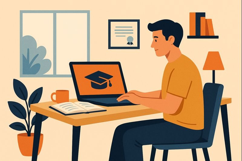 Trabajos por internet desde casa en Chile: formas reales de ganar dinero online 1 Hombre estudiando en su casa frente a un notebook con ícono de gorro de graduación