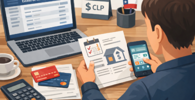 Persona revisando cuentas bancarias, tarjetas y un crédito en Chile, con cartola en pantalla, celular con app bancaria y calculadora.