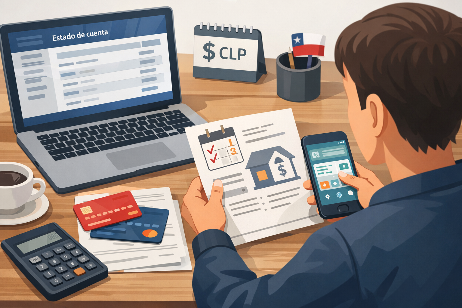 Cuentas bancarias, tarjetas y créditos en Chile: cómo elegir, usar bien y evitar cobros sorpresivos 1 Persona revisando cuentas bancarias, tarjetas y un crédito en Chile, con cartola en pantalla, celular con app bancaria y calculadora.