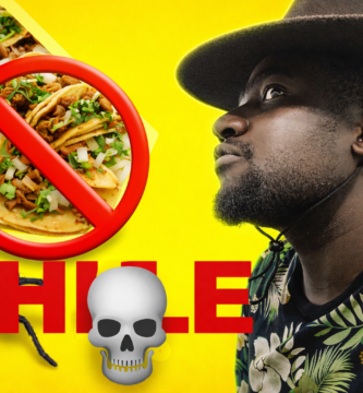 Hombre mirando al horizonte con fondo amarillo, tacos tachados, araña y la palabra CHILE
