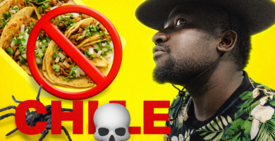 Cosas que no sabías de Chile: curiosidades de los chilenos contadas por un extranjero 5 Hombre mirando al horizonte con fondo amarillo, tacos tachados, araña y la palabra CHILE
