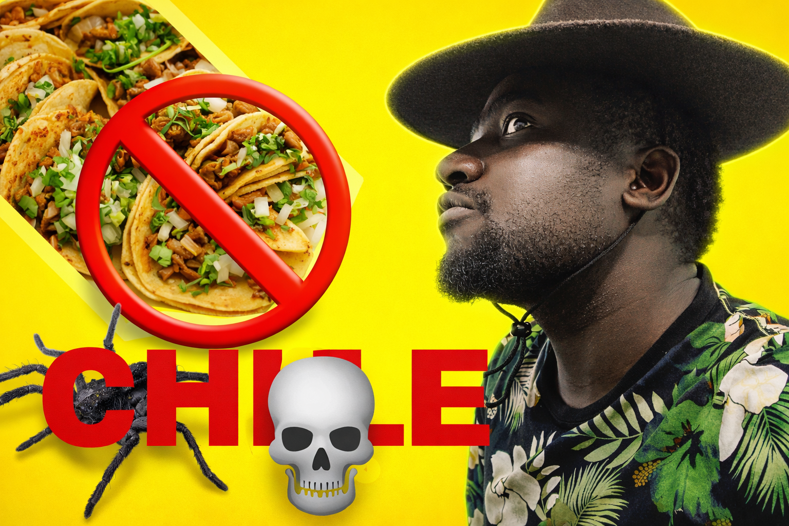 Cosas que no sabías de Chile: curiosidades de los chilenos contadas por un extranjero 1 Hombre mirando al horizonte con fondo amarillo, tacos tachados, araña y la palabra CHILE