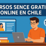 Ilustración de un joven estudiando en su notebook cursos SENCE gratis online en Chile, con iconos de educación y certificación.