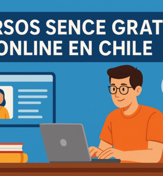 Ilustración de un joven estudiando en su notebook cursos SENCE gratis online en Chile, con iconos de educación y certificación.