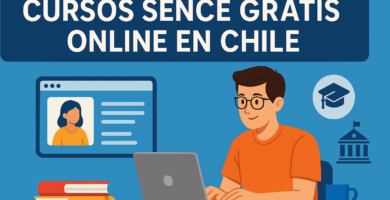 Cursos SENCE gratis online en Chile: cómo funcionan y quién puede postular 7 Ilustración de un joven estudiando en su notebook cursos SENCE gratis online en Chile, con iconos de educación y certificación.
