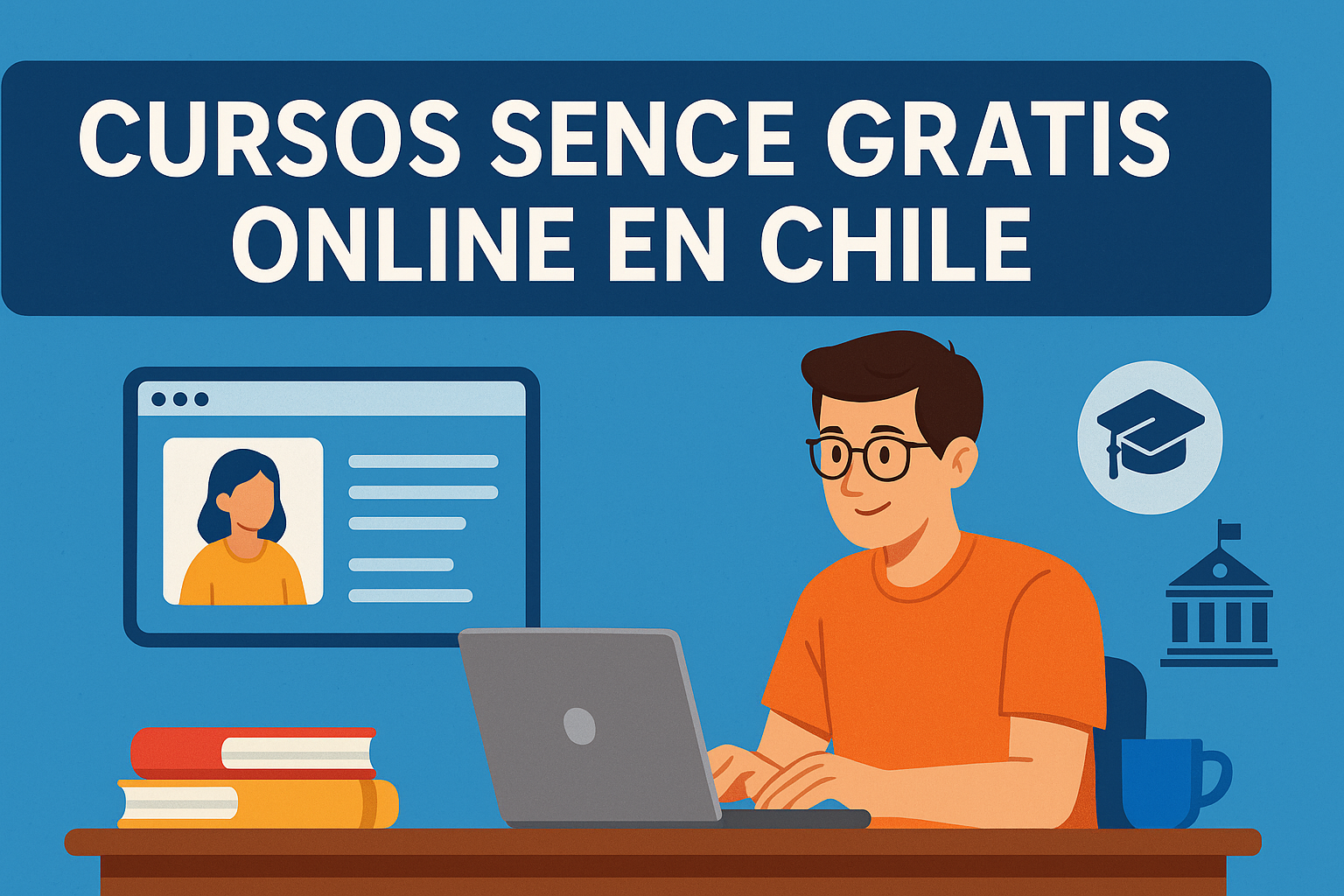 Ilustración de un joven estudiando en su notebook cursos SENCE gratis online en Chile, con iconos de educación y certificación.