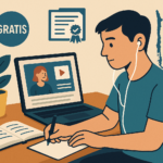 Ilustración de adulto comenzando un curso gratuito con certificado en Chile desde su computador