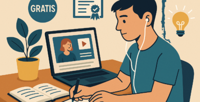 Ilustración de adulto comenzando un curso gratuito con certificado en Chile desde su computador