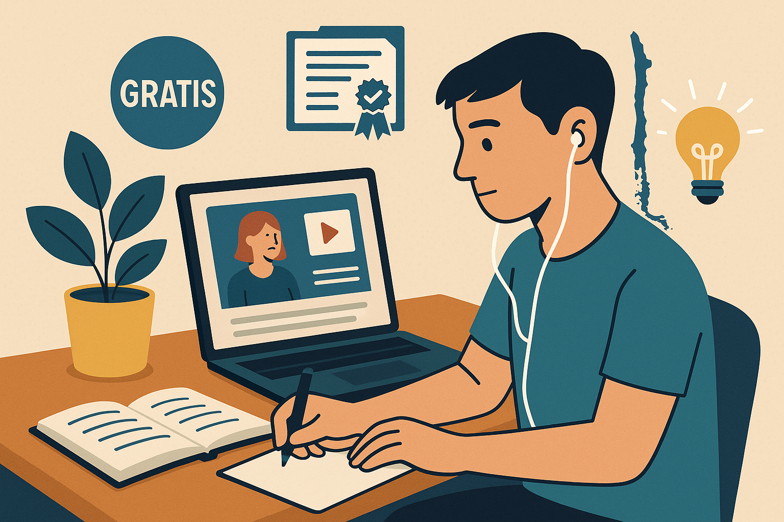 Cursos gratuitos con certificado en Chile para principiantes (sin experiencia previa) 1 Ilustración de adulto comenzando un curso gratuito con certificado en Chile desde su computador
