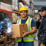 Composición con un soldador trabajando, una operaria de bodega y una trabajadora de seguridad, representando distintos oficios en Chile