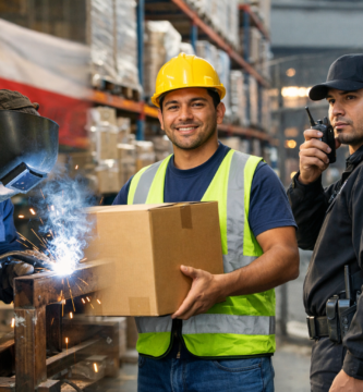 Composición con un soldador trabajando, una operaria de bodega y una trabajadora de seguridad, representando distintos oficios en Chile