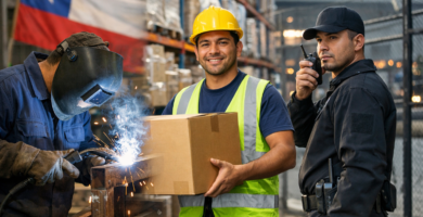 Composición con un soldador trabajando, una operaria de bodega y una trabajadora de seguridad, representando distintos oficios en Chile