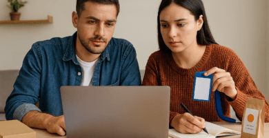 Dos personas chilenas revisando en un notebook distintos cursos gratuitos por área y oficio para mejorar su trabajo en Chile.