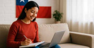 Grupo diverso de personas en Chile revisando cursos gratuitos por perfil en una pantalla.
