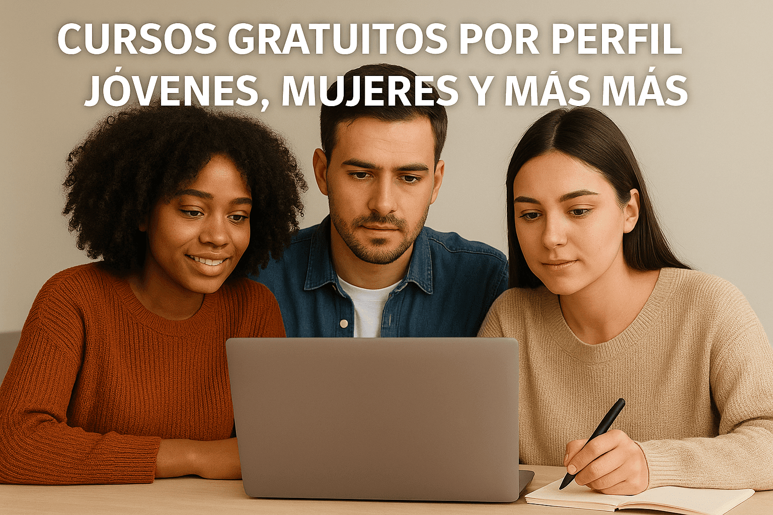 Cursos gratuitos por perfil en Chile: jóvenes, mujeres y más 1 Grupo diverso de personas en Chile revisando cursos gratuitos por perfil en una pantalla.