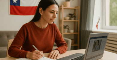 Cursos y trabajo en Chile: estudia gratis, consigue empleo y trabaja desde casa 26 Persona adulta estudiando en un notebook desde casa, representando cursos gratuitos y certificados en Chile.