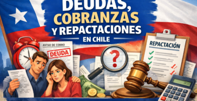 Ilustración sobre deudas y cobranzas en Chile: persona revisando lista de deudas, celular con llamadas de cobranza, calendario, documentos y una mano dando un acuerdo/repactación.