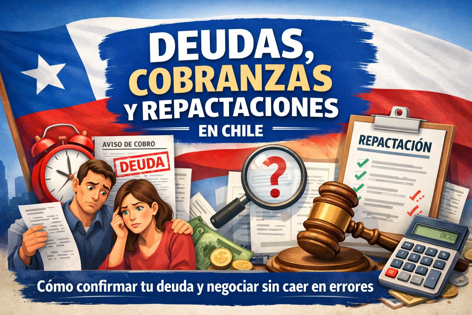 Ilustración sobre deudas y cobranzas en Chile: persona revisando lista de deudas, celular con llamadas de cobranza, calendario, documentos y una mano dando un acuerdo/repactación.