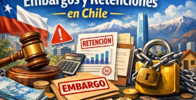 Ilustración sobre embargos y retenciones en Chile: persona revisando cartola, aviso de retención, documentos y sello “retención/embargo”, con elementos de Tesorería (TGR) y devolución de impuestos.