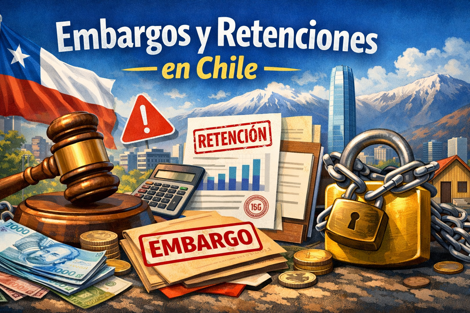 Embargos y retenciones en Chile: qué significan y qué hacer si te descuentan plata 1 Ilustración sobre embargos y retenciones en Chile: persona revisando cartola, aviso de retención, documentos y sello “retención/embargo”, con elementos de Tesorería (TGR) y devolución de impuestos.
