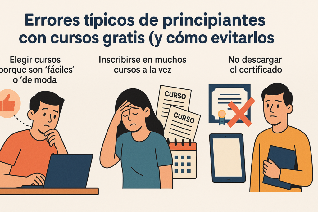 Cursos gratuitos con certificado en Chile para principiantes (sin experiencia previa) 2 Infografía sobre errores típicos de principiantes al tomar cursos gratis con certificado y cómo evitarlos