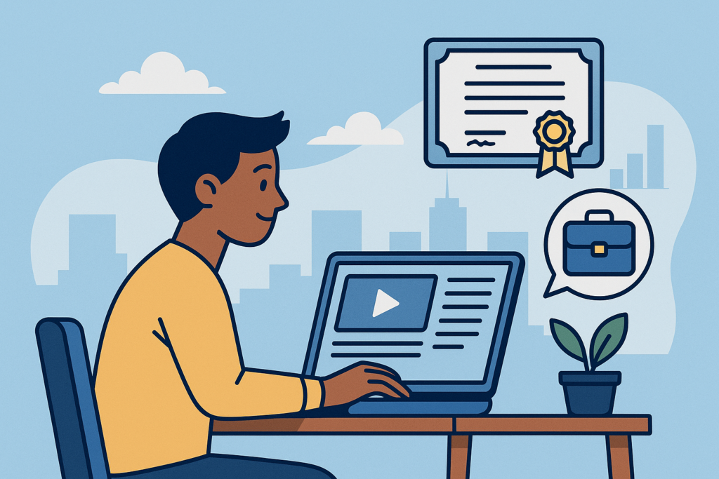 Cursos gratis en Chile con alta empleabilidad: en qué fijarse antes de elegir 2 Adulto estudiando un curso online gratuito en su notebook, con certificado digital y símbolos de trabajo a su alrededor.