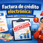 Ilustración sobre factura de crédito electrónica en Chile con checklist, documento rechazado y estados emitir, rechazo y pendiente.