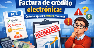 Ilustración sobre factura de crédito electrónica en Chile con checklist, documento rechazado y estados emitir, rechazo y pendiente.