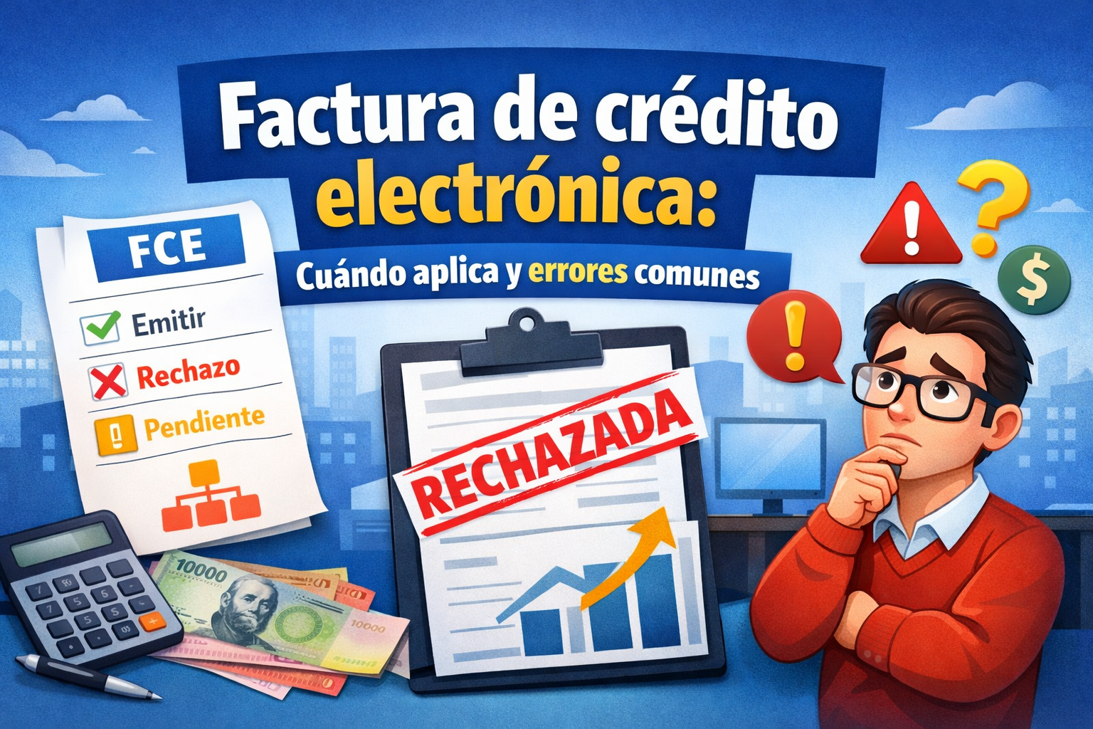 Factura de crédito electrónica: cuándo aplica y cómo evitar errores comunes 1 Ilustración sobre factura de crédito electrónica en Chile con checklist, documento rechazado y estados emitir, rechazo y pendiente.