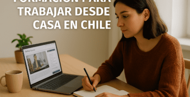 Mujer en Chile estudiando en su notebook para formarse y trabajar desde casa.