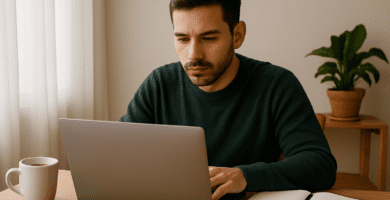 Persona en Chile trabajando desde casa con un notebook sobre la mesa, representando ideas y tipos de trabajos online.