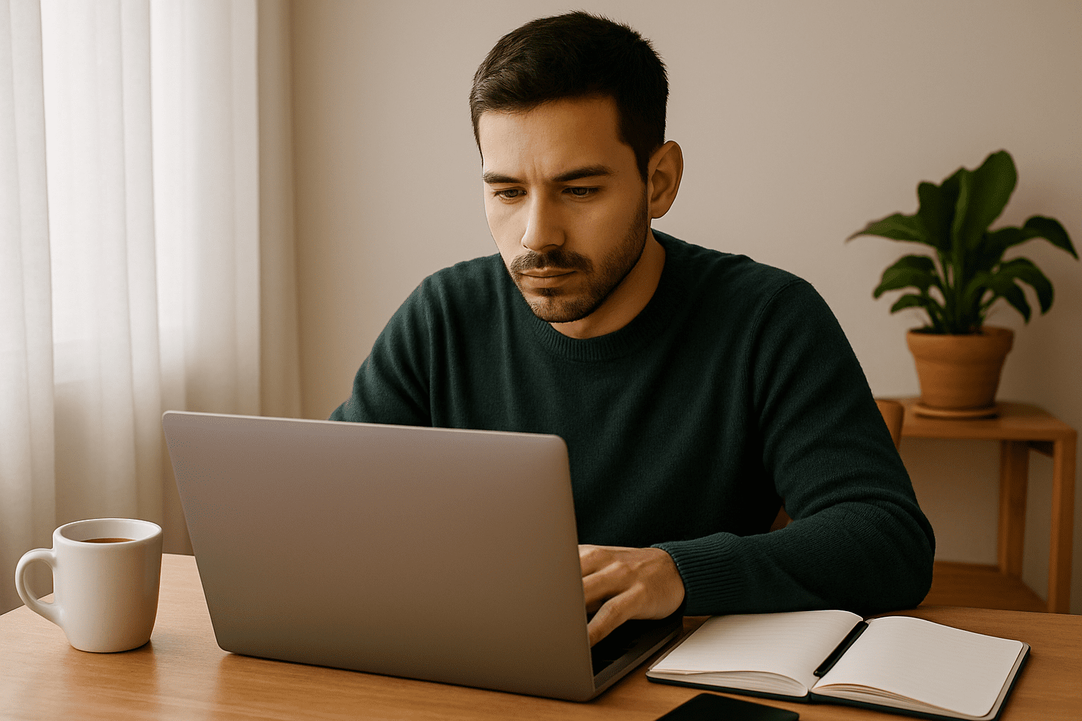 Ideas y tipos de trabajos desde casa y online 1 Persona en Chile trabajando desde casa con un notebook sobre la mesa, representando ideas y tipos de trabajos online.