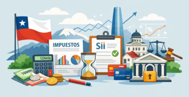 Inicio 38 Ilustración sobre impuestos y finanzas personales en Chile con calculadora, formulario SII, documento “Impuestos”, billetes, tarjetas y banco.