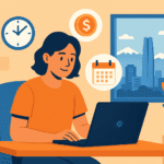 Persona joven trabajando en un notebook con vista a Santiago y símbolos de tiempo y dinero, representando trabajos part time en la ciudad.