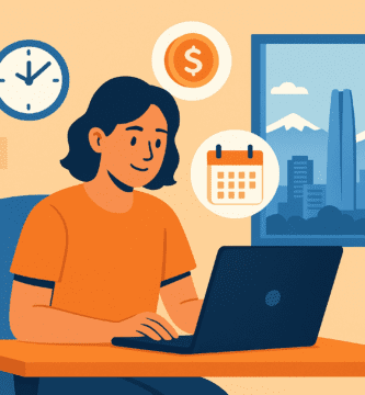 Persona joven trabajando en un notebook con vista a Santiago y símbolos de tiempo y dinero, representando trabajos part time en la ciudad.