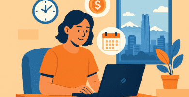 Persona joven trabajando en un notebook con vista a Santiago y símbolos de tiempo y dinero, representando trabajos part time en la ciudad.