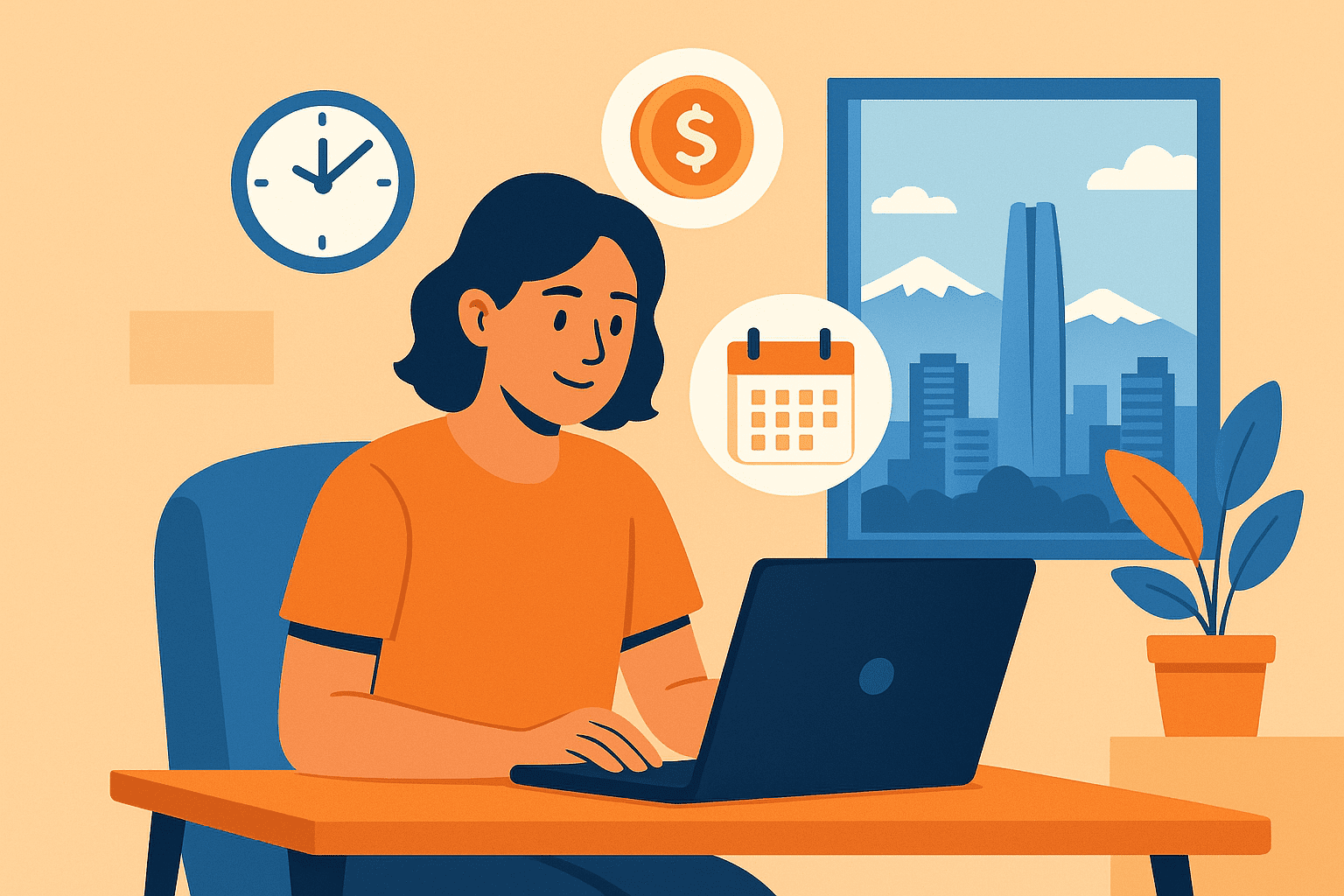 Trabajos part time en Santiago de Chile: tipos de empleo y consejos 1 Persona joven trabajando en un notebook con vista a Santiago y símbolos de tiempo y dinero, representando trabajos part time en la ciudad.