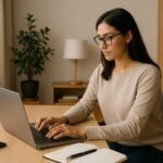 Mujer joven trabajando desde casa en su notebook en un escritorio ordenado