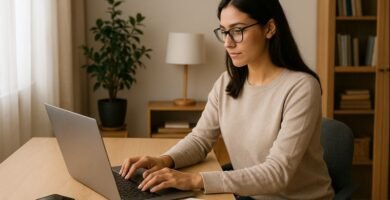 Mujer joven trabajando desde casa en su notebook en un escritorio ordenado